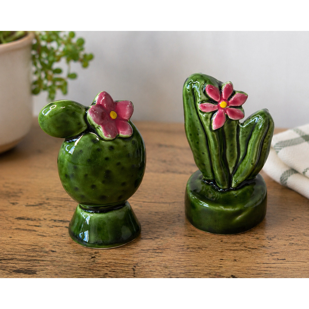 Vintage Japan Green Cactus Cacti Salt Pepper Shakers Pink Flower Ceramic Set